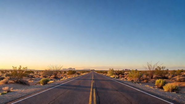 Open two-lane desert highway disappearing into the horizon under a vast Arizona sky at early morning light
